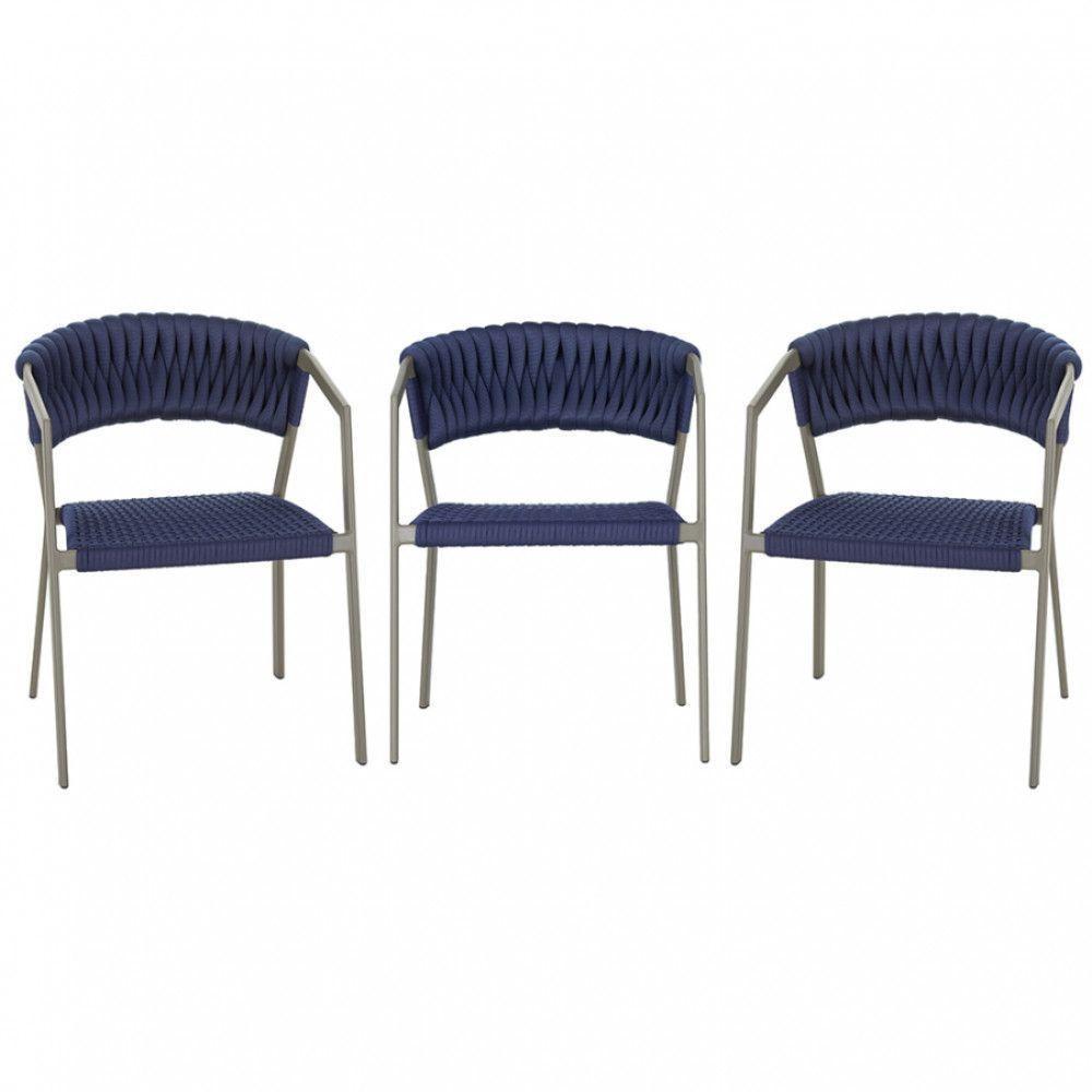 3 Cadeiras Tricô Náutico E Alumínio Uv Para Varanda Cozinha Azul - 1