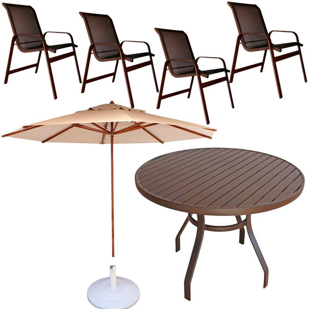 Conjunto Lótus Com Mesa 90cm Ripada 4 Poltronas Ombrelone 3,00m Com Base Marrom - 1