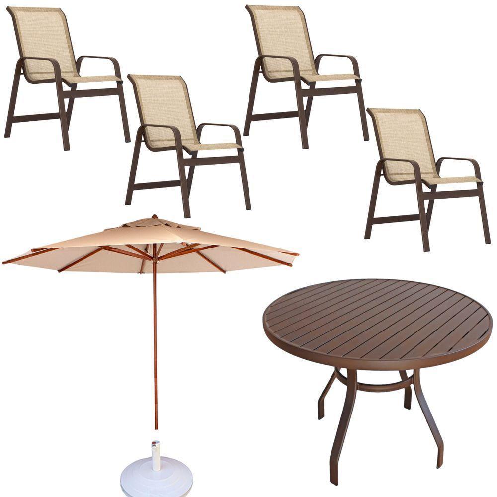 Conjunto Lótus Com Mesa 90cm Ripada 4 Poltronas Ombrelone 3,00m Com Base Marrom claro - 1