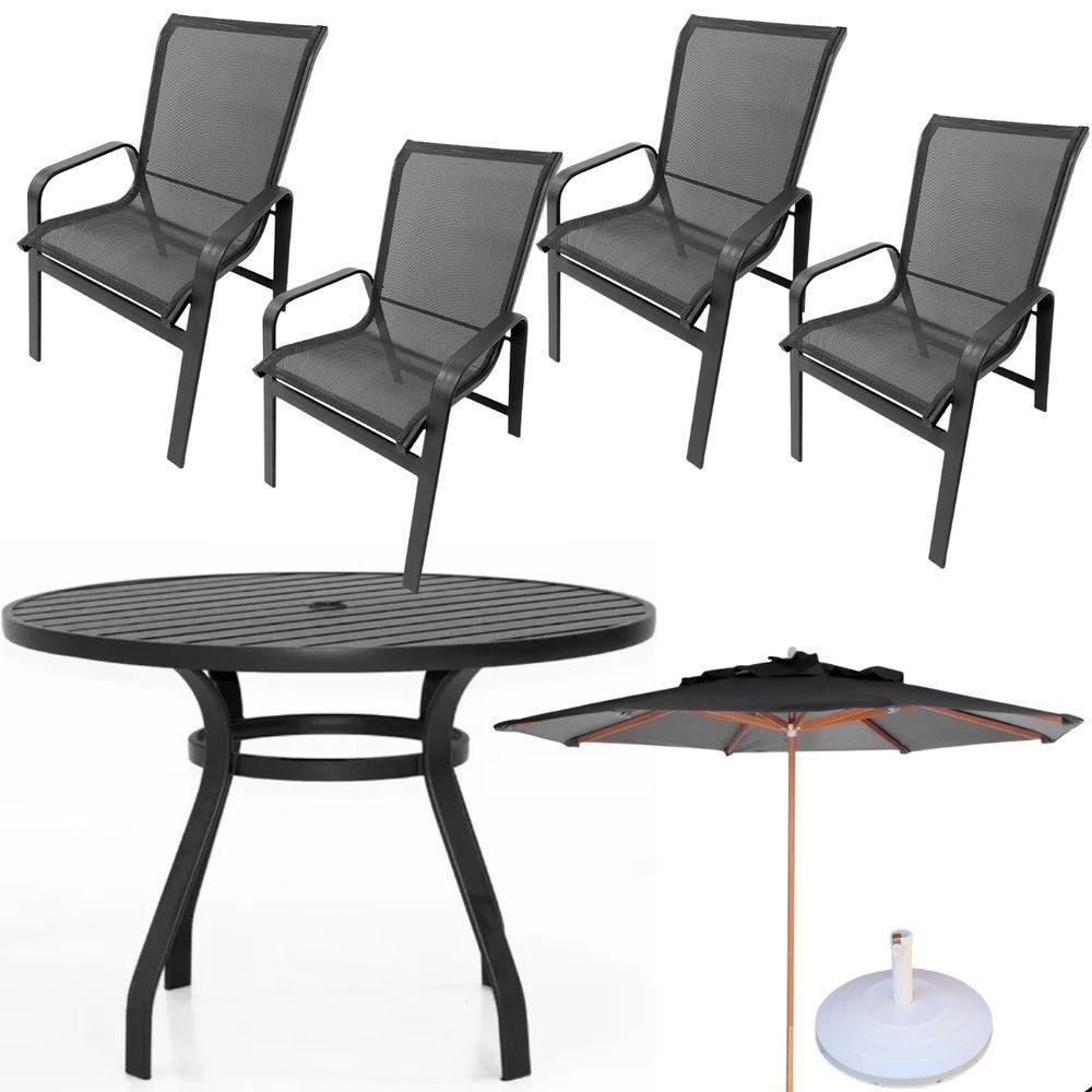 Conjunto Lótus Com Mesa 90cm Ripada 4 Poltronas Ombrelone 3,00m Com Base Preto - 1