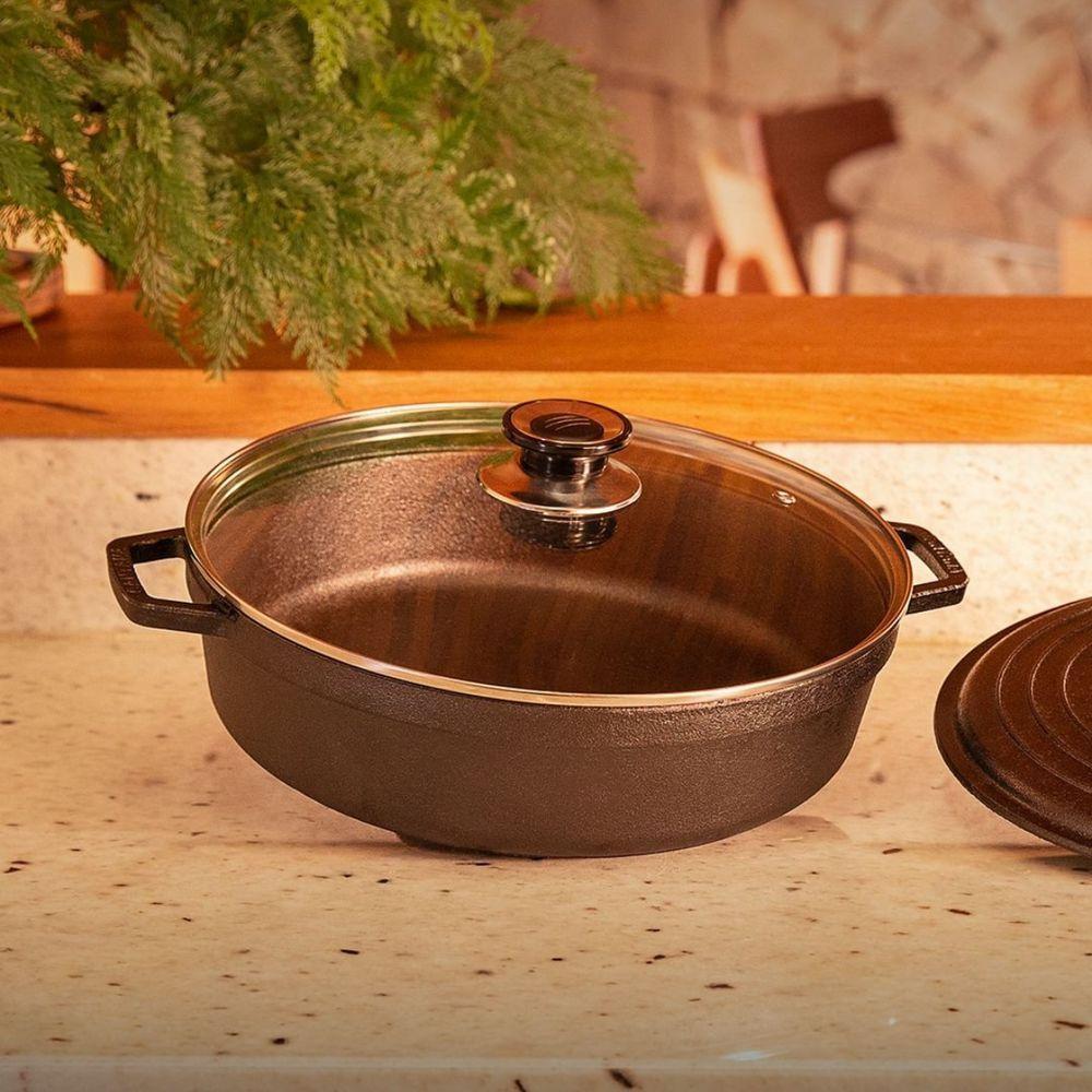 Kit Panelas Caçarolas De Ferro Fundido Tampa De Vidro Preto - 4