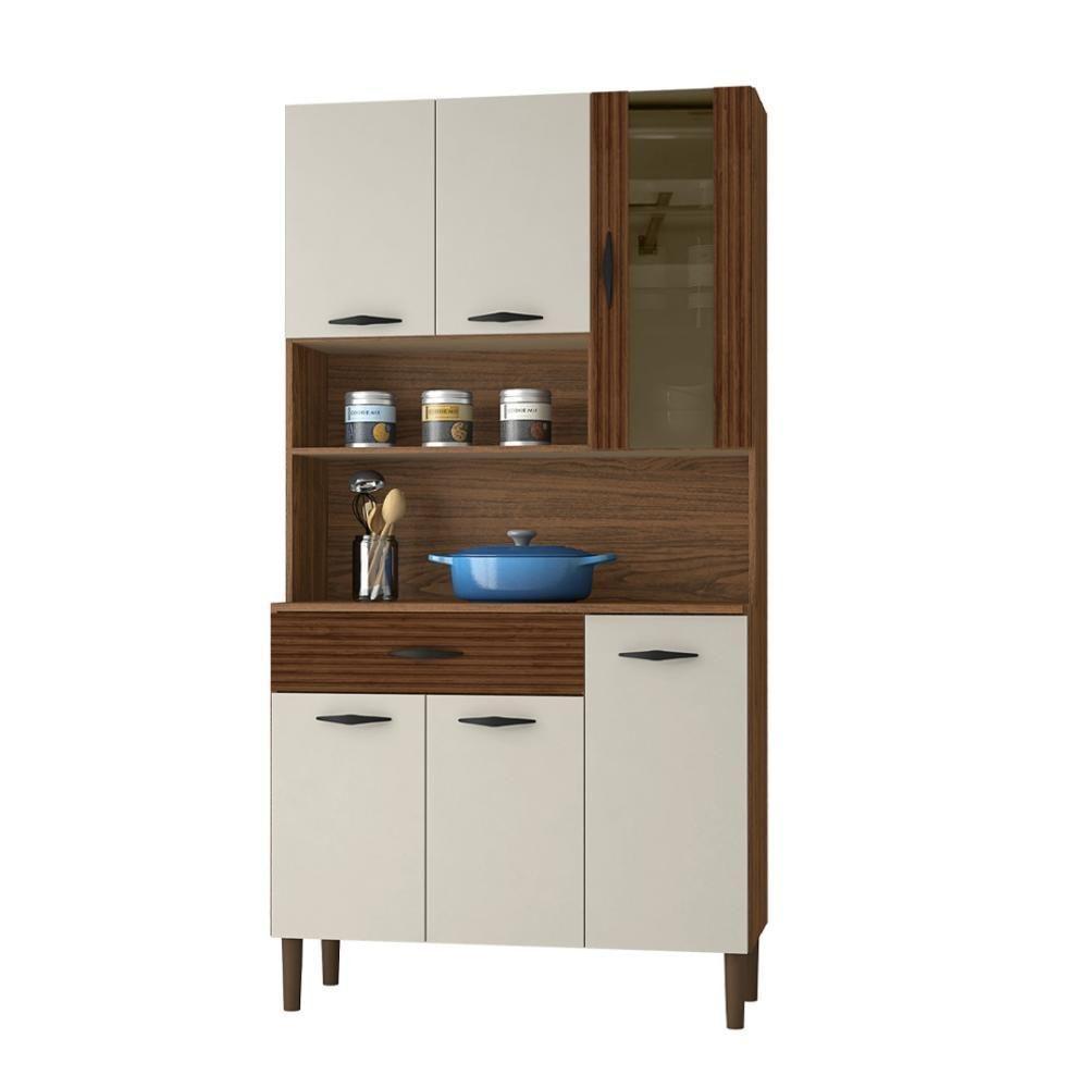 Armário De Cozinha Compacta 6 Portas 1 Gaveta Golden - Nogueira-off White-cp-ripado - 2