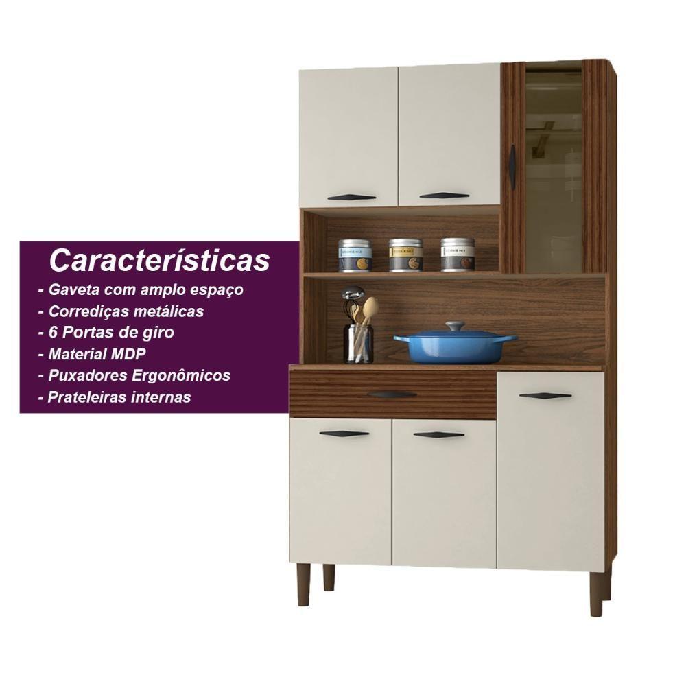 Armário De Cozinha Compacta 6 Portas 1 Gaveta Golden - Nogueira-off White-cp-ripado - 3