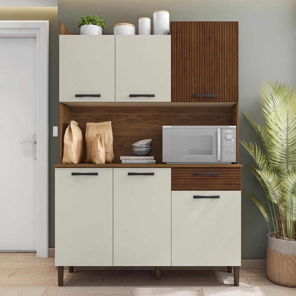 Armário De Cozinha Compacta 6 Portas 1 Gaveta Gênova - Nogueira-off White-cp-ripado - 1