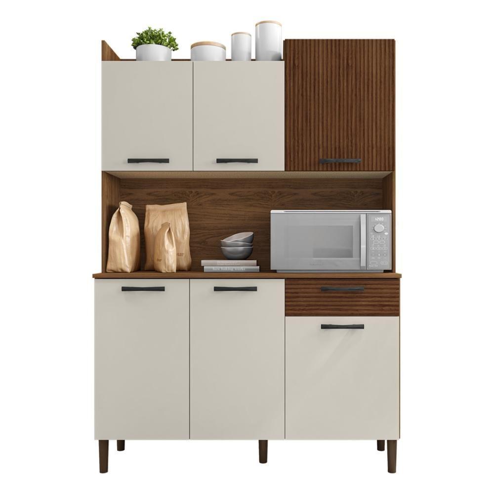 Armário De Cozinha Compacta 6 Portas 1 Gaveta Gênova - Nogueira-off White-cp-ripado - 2