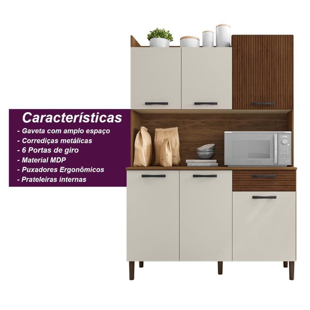 Armário De Cozinha Compacta 6 Portas 1 Gaveta Gênova - Nogueira-off White-cp-ripado - 3