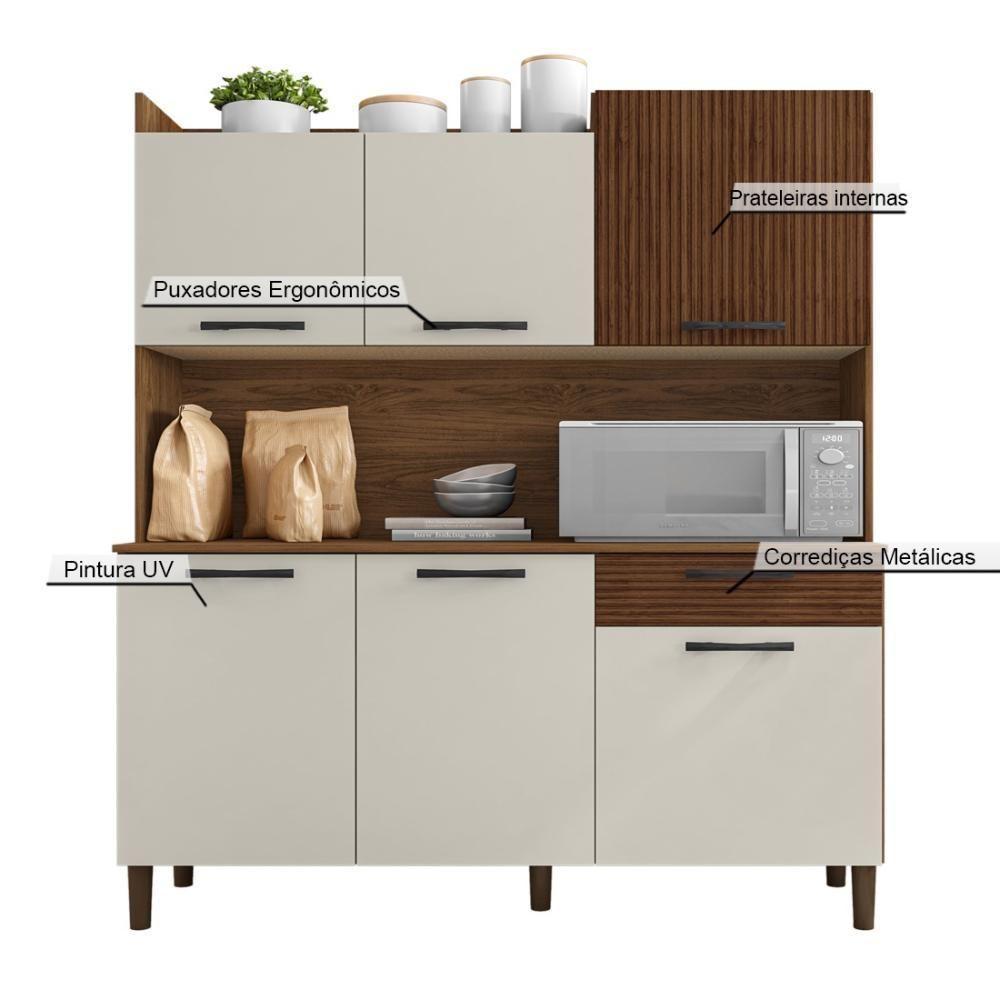 Armário De Cozinha Compacta 6 Portas 1 Gaveta Gênova - Nogueira-off White-cp-ripado - 4