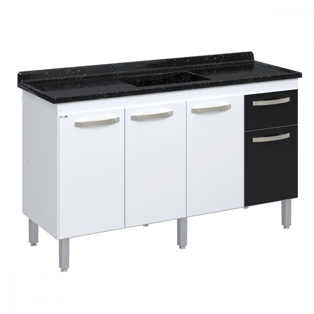 Balcão Flat De Cozinha Para Pia 4 Portas 1 Gaveta 1,43 Branco Com Preto - 3