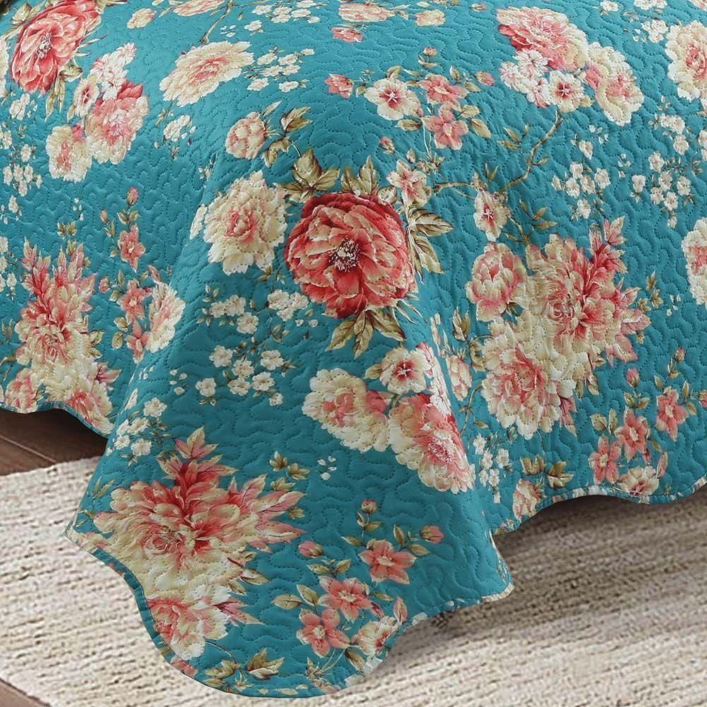 Kit Cobre Leito Colcha Mix Queen Estampado Dupla Face Floral 3 Peças - Vanessa - Azul - 2