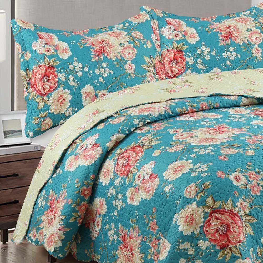 Kit Cobre Leito Colcha Mix Queen Estampado Dupla Face Floral 3 Peças - Vanessa - Azul - 3
