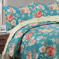 Kit Cobre Leito Colcha Mix Queen Estampado Dupla Face Floral 3 Peças - Vanessa - Azul - 3