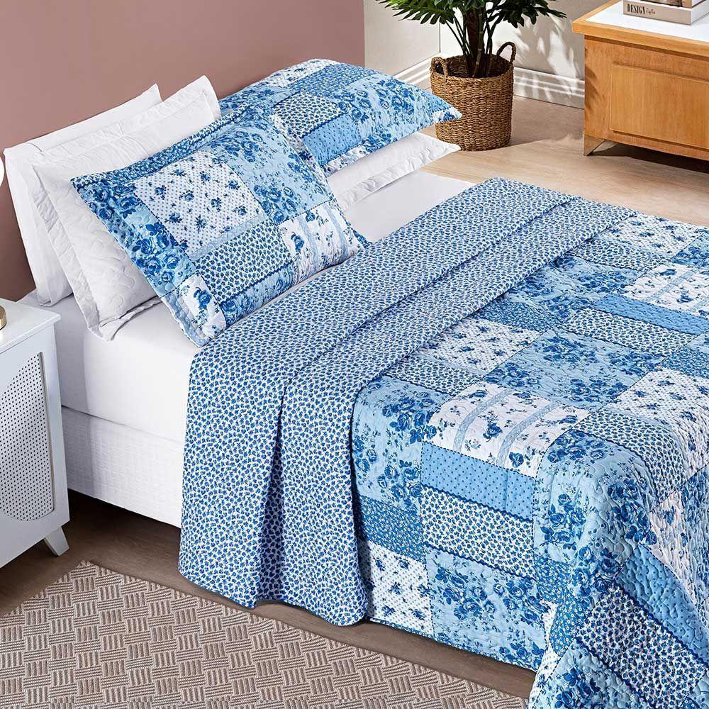Kit Cobre Leito Colcha Dallas Queen Dupla Face Estampada 3 Peças - Azul Sereno Patchwork - 3