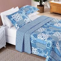 Kit Cobre Leito Colcha Dallas Queen Dupla Face Estampada 3 Peças - Azul Sereno Patchwork - 3