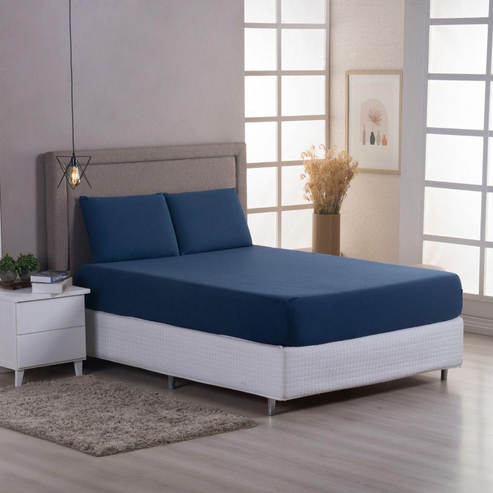 Jogo Cama Lençol Sonnet Solteiro Malha Lisa 100% Algodão Macio 2 Peças - Azul Marinho - 3