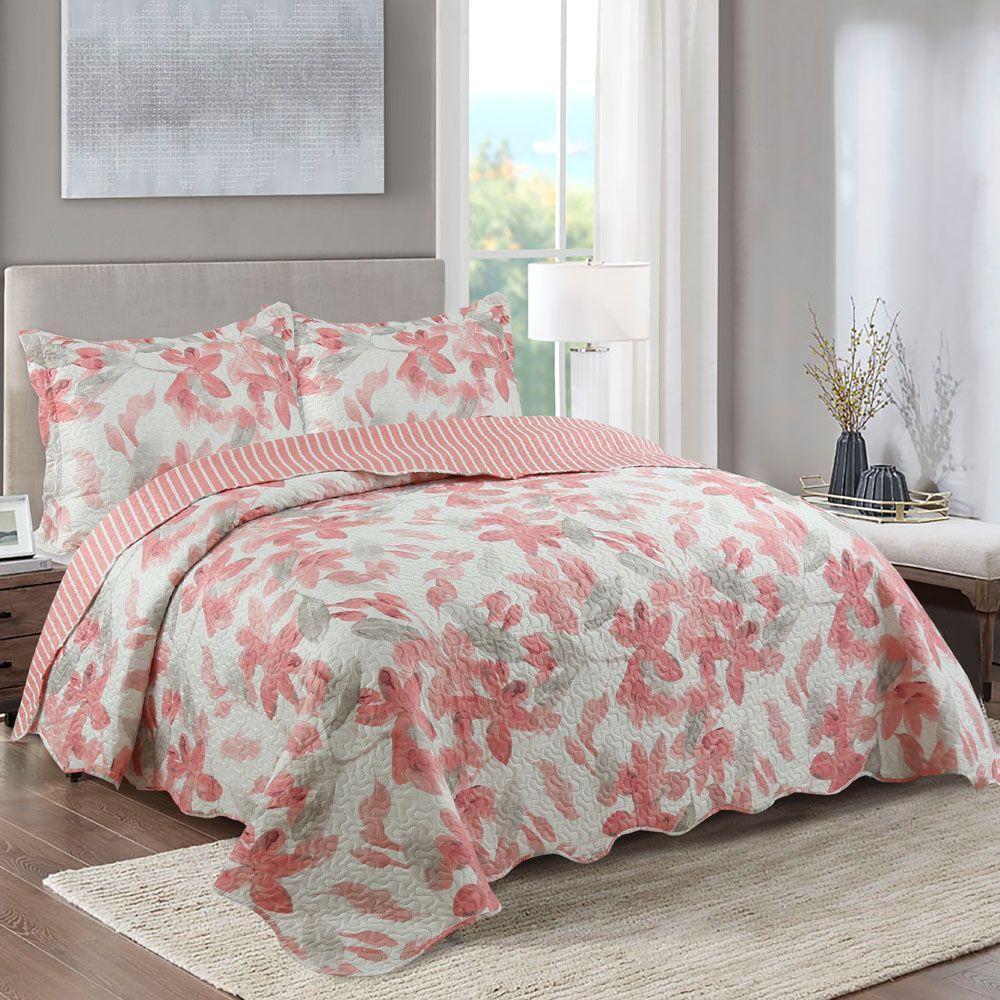 Kit Cobre Leito Colcha Mix Queen Estampado Dupla Face Floral 3 Peças - Cecília - Salmão - 1