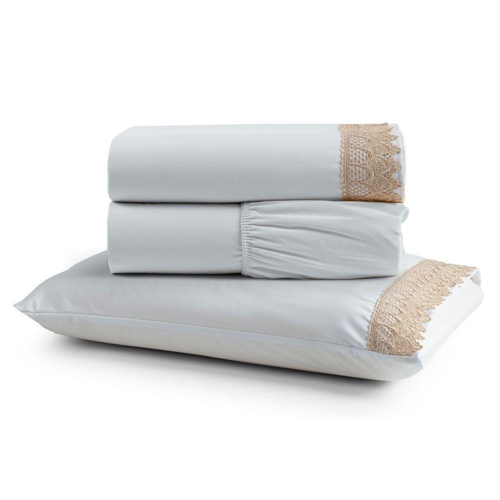 Jogo Cama Lençol Haia Solteiro Percal 200 Fios 100% Algodão Guipir Bordado Inglês 3 Peças - Branco - 1