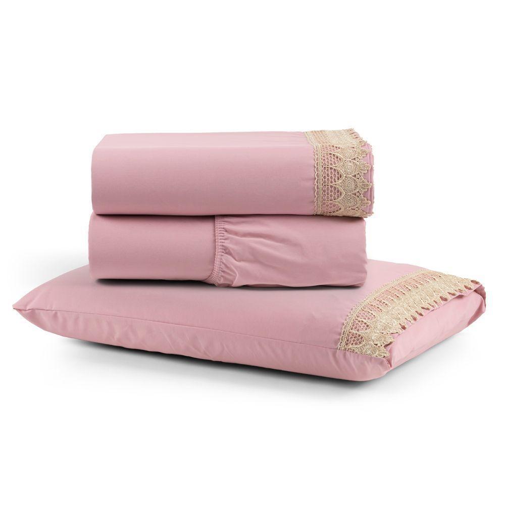 Jogo Cama Lençol Haia Solteiro Percal 200 Fios 100% Algodão Guipir Bordado Inglês 3 Peças - Rosê - 1