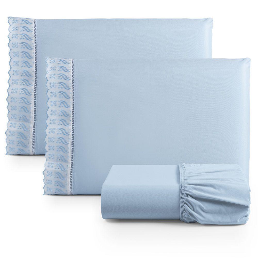 Jogo Cama Lençol Paris Queen Percal 180 Fios 100% Algodão Lese Bordada 3 Peças - Azul Claro - 1