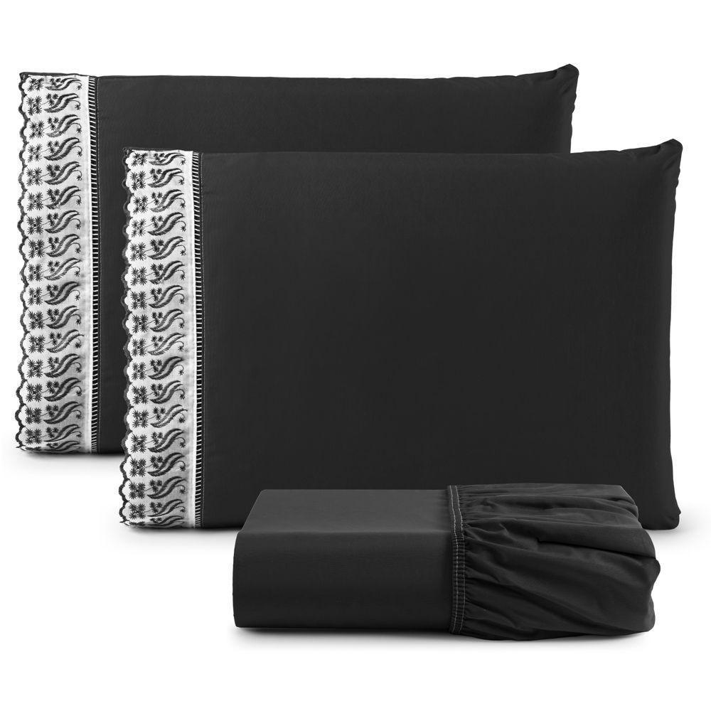 Jogo Cama Lençol Paris Casal Padrão Percal 180 Fios 100% Algodão Lese Bordada 3 Peças - Preto - 1