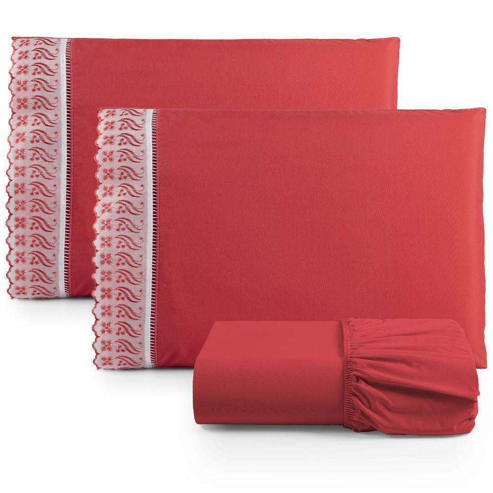 Jogo Cama Lençol Paris Queen Percal 180 Fios 100% Algodão Lese Bordada 3 Peças - Vermelho - 1