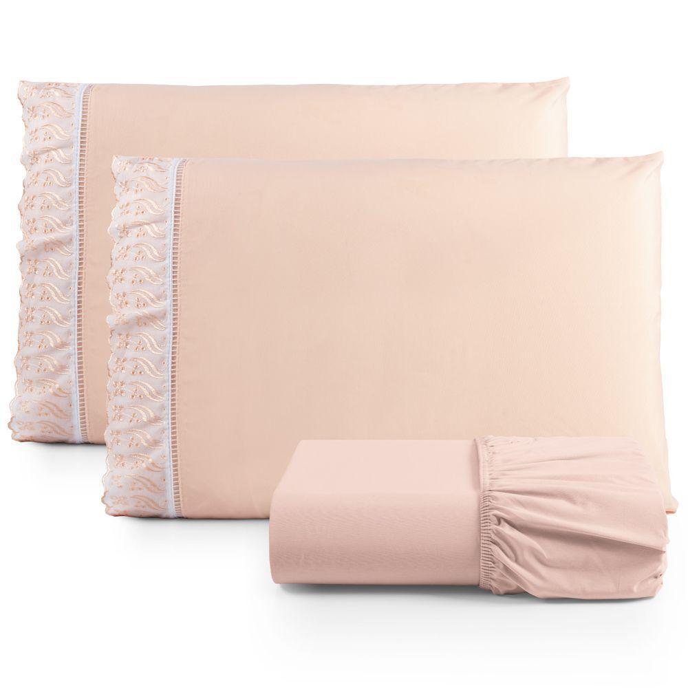 Jogo Cama Lençol Paris Casal Padrão Percal 180 Fios 100% Algodão Lese Bordada 3 Peças - Salmão - 1