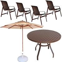 Conjunto Lótus Com Mesa 80cm Ripada + 4 Poltronas + Ombrelone 2,40m Com Base Marrom - 1