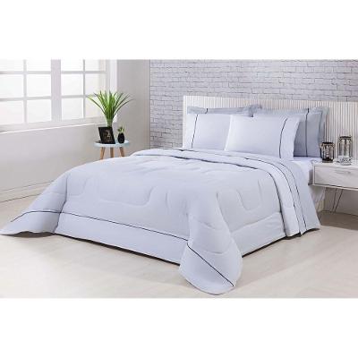 Kit Edredom 100% Algodão Percal 150 Fios Dupla Casal + Jogo De Cama Gran Moratta 7 Peças Cinza-branco