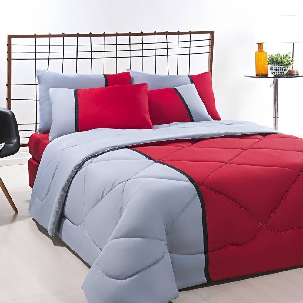 Enxoval Edredom + Jogo De Cama Queen Aconchego Premium 06 Peças Vermelho- Cinza - 1