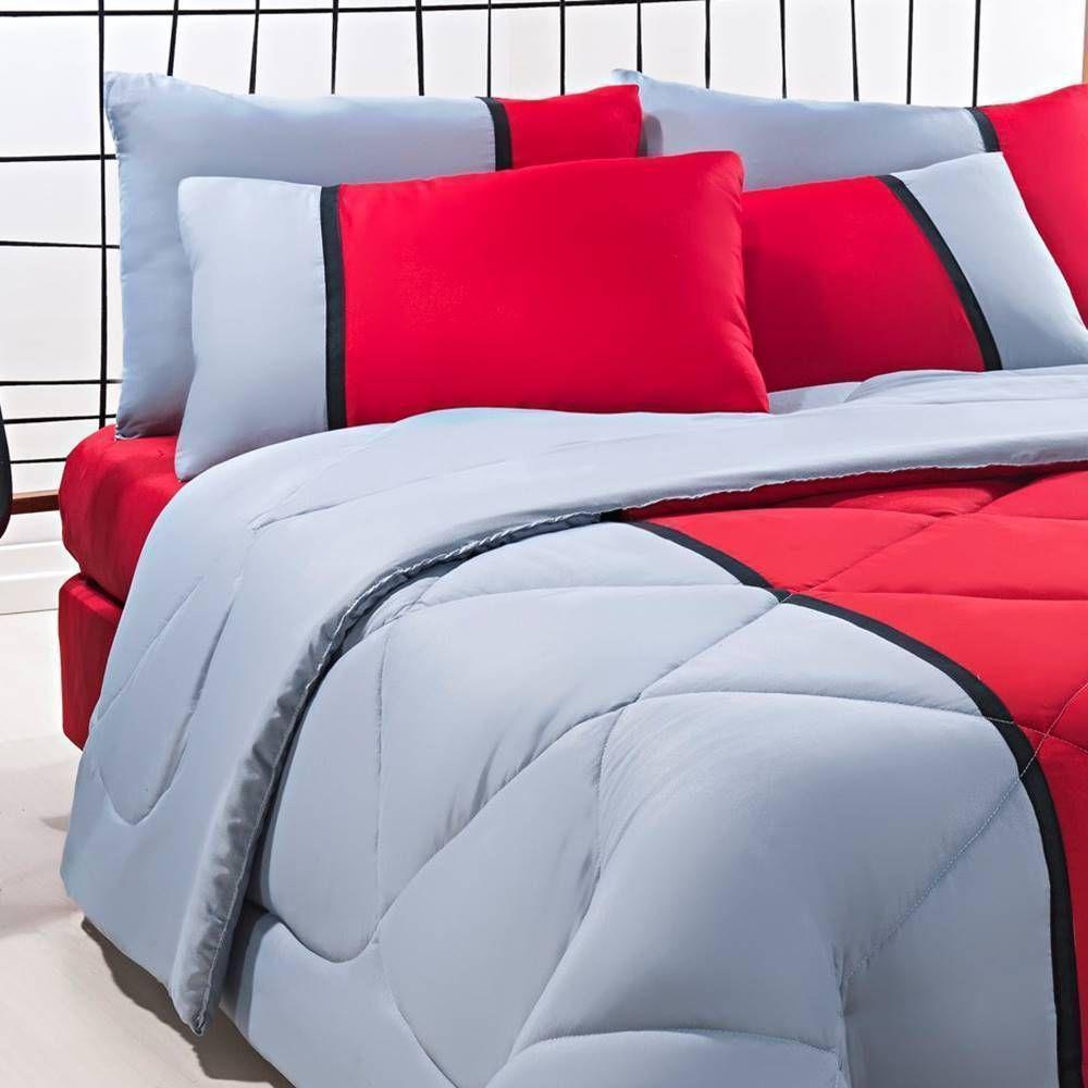 Enxoval Edredom + Jogo De Cama Queen Aconchego Premium 06 Peças Vermelho- Cinza - 4