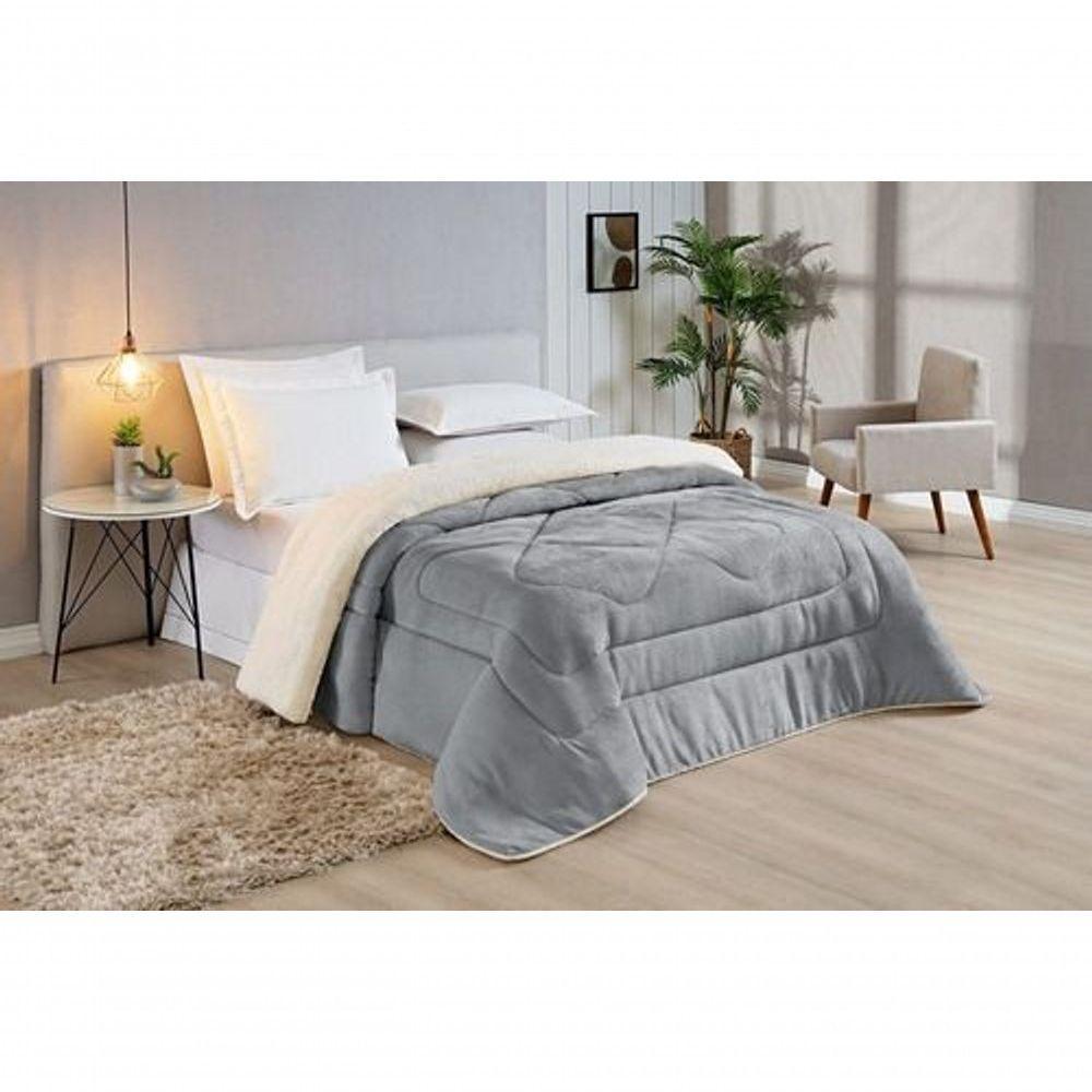 Edredom Coberdrom Sherpa/manta Queen Conforto 01 Peça Cor:cinza - 1