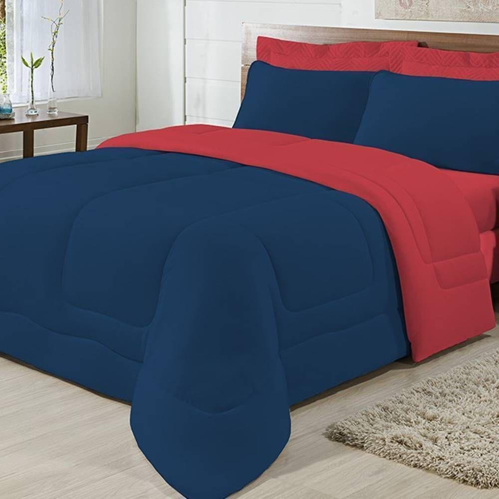 Edredom Dupla Face 100% Algodão Malha Solteiro Gran Moratta 01 Peça - Marinho- Vermelho - 2