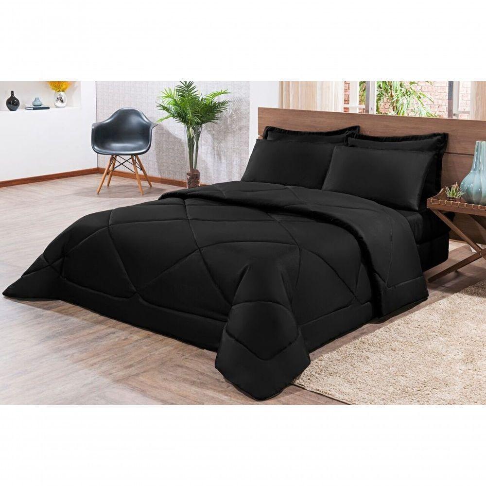 Kit Edredom + Jogo De Lençol Aconchego Look House Dupla Face Casal Queen 06 Peças - Preto - 1