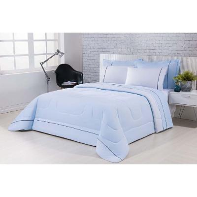 Kit Edredom 100% Algodão Percal 150 Fios Dupla Face Casal Gran Moratta 3 Peças - Azul-branco
