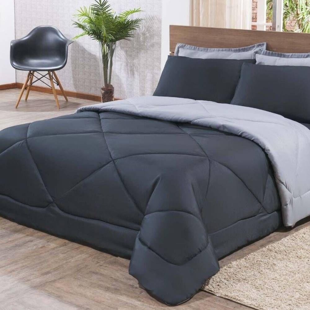 Kit Edredom + Jogo De Lençol Aconchego Look House Dupla Face Casal Queen 06 Peças - Preto- Cinza - 2