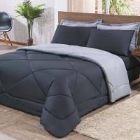 Kit Edredom + Jogo De Lençol Aconchego Look House Dupla Face Casal Queen 06 Peças - Preto- Cinza - 1