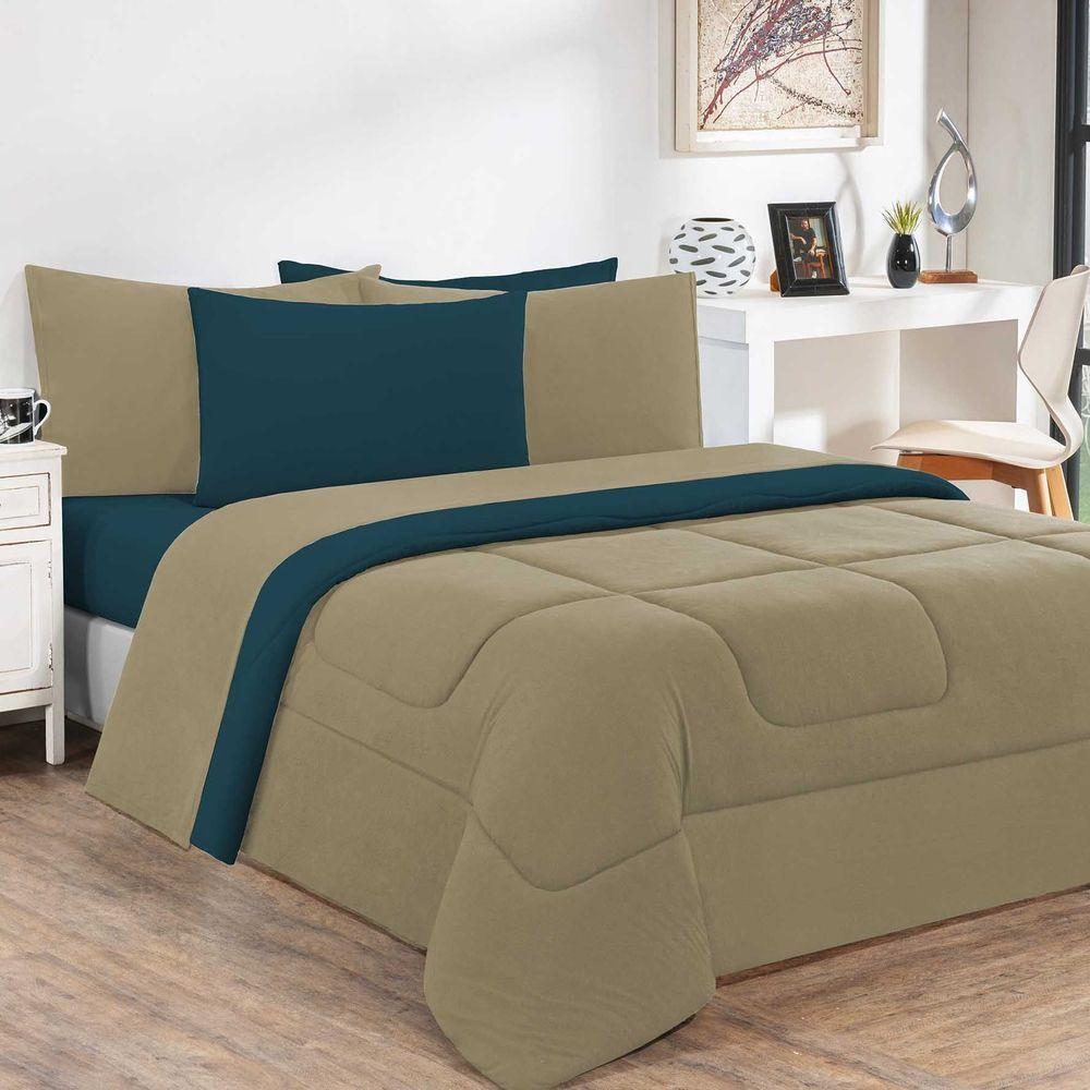 Kit Edredom Malha 100% Algodão Gran Moratta 2 Peças Solteiro - Avelã-azul Petróleo - 1