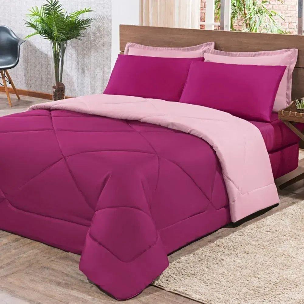 Kit Edredom + Jogo De Lençol Aconchego Look House Dupla Face Casal King 06 Peças - Pink E Rosa - 1