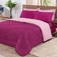 Kit Edredom + Jogo De Lençol Aconchego Look House Dupla Face Casal King 06 Peças - Pink E Rosa - 1