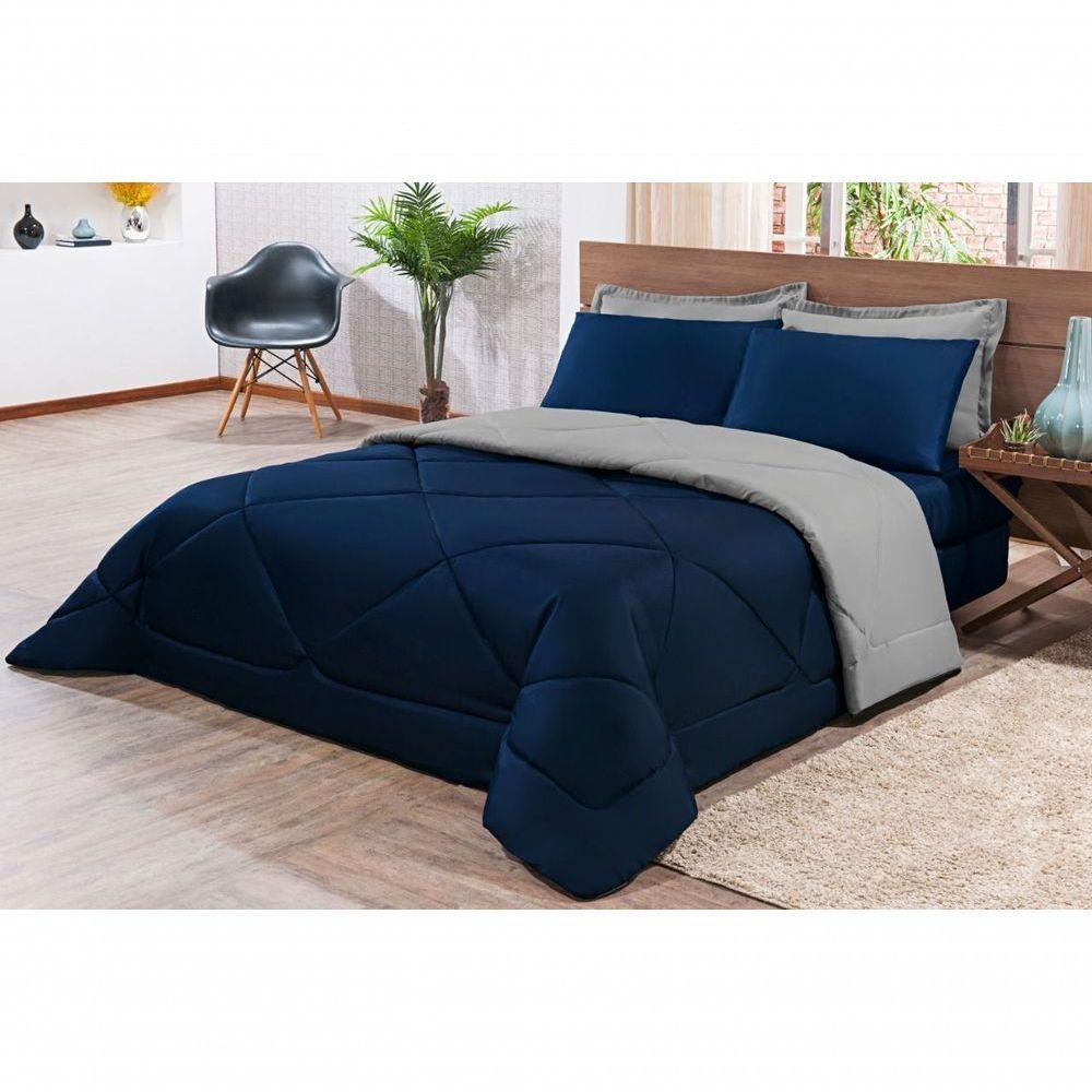 Kit Edredom + Jogo De Lençol Aconchego Look House Dupla Face Casal Queen 06 Peças - Azul E Cinza. - 1