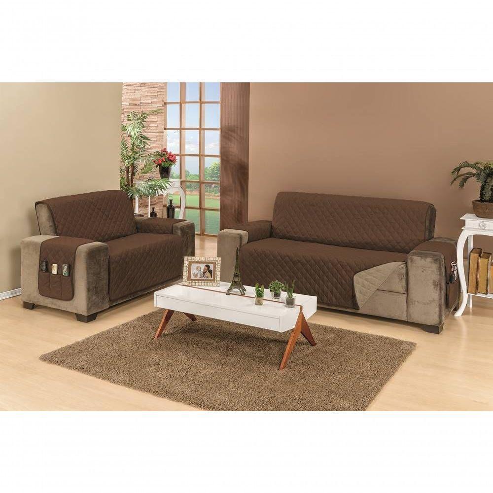 Protetor Para Sofá Dupla Face Manu 2 E 3 Lugares - Cáqui E Marrom - 1