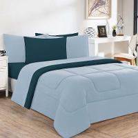 Kit Edredom + Jogo De Lençol Malha 100% Algodão Gran Moratta 4 Peças Solteiro - Azul Bebê-azul Petróleo - 1