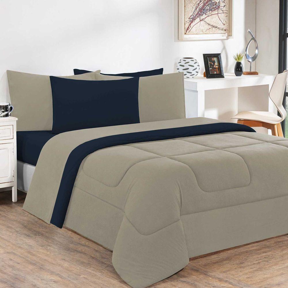Kit Edredom + Jogo De Lençol Malha 100% Algodão Gran Moratta 4 Peças Solteiro - Avelã-azul Marinho - 1