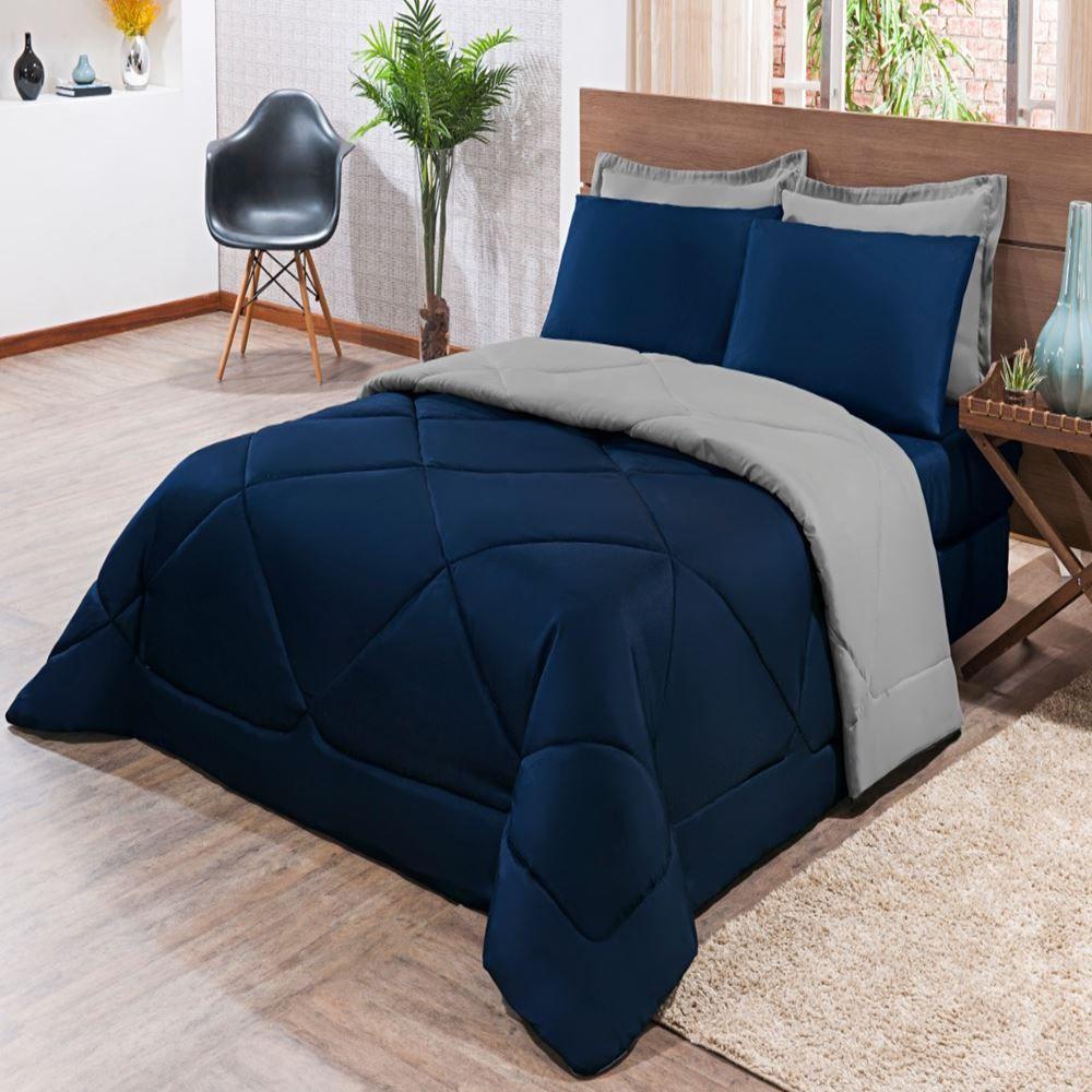 Kit Edredom + Jogo De Lençol Aconchego Look House Dupla Face Casal King 06 Peças - Azul E Cinza - 2