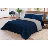 Kit Edredom + Jogo De Lençol Aconchego Look House Dupla Face Casal King 06 Peças - Azul E Cinza - 1