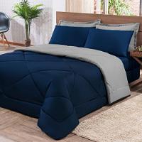 Kit Edredom + Jogo De Lençol Aconchego Look House Dupla Face Casal King 06 Peças - Azul E Cinza - 3