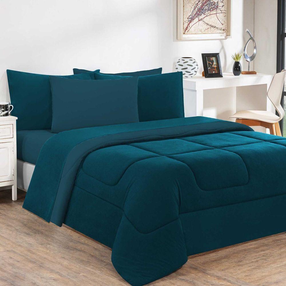 Edredom Malha 100% Algodão Gran Moratta 1 Peça Queen - Azul Petróleo-azul Petróleo - 1