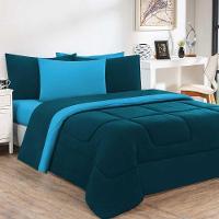 Kit Edredom + Jogo De Lençol Malha 100% Algodão Gran Moratta 6 Peças Casal - Azul Petróleo-azul Turquesa - 1