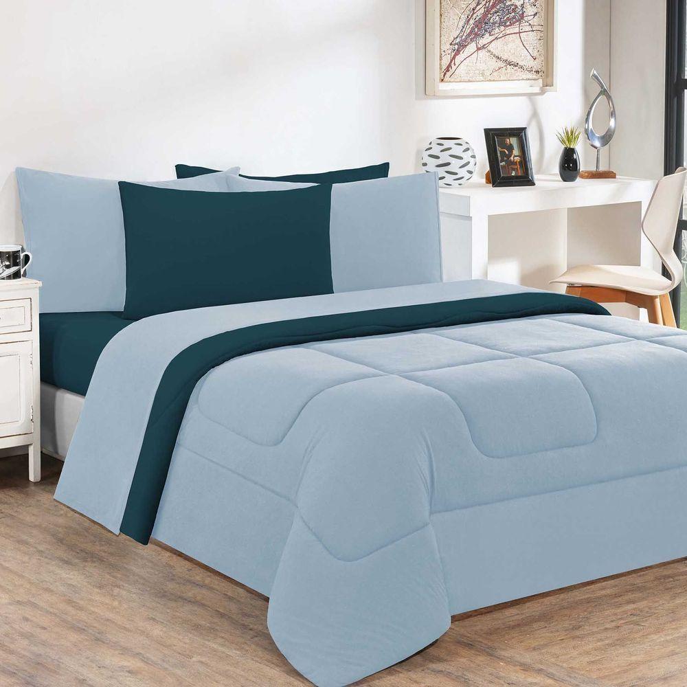 Kit Edredom Malha 100% Algodão Gran Moratta 3 Peças Casal - Azul Bebê-azul Petróleo - 1