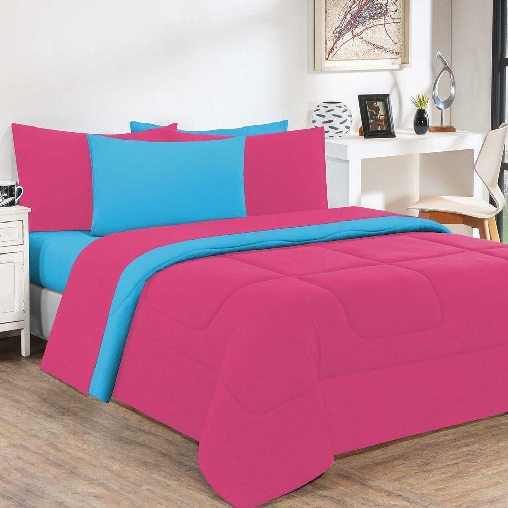 Kit Edredom + Jogo De Lençol Malha 100% Algodão Gran Moratta 6 Peças Casal - Pink -azul Turquesa - 1