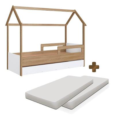 Cama Infantil Solteiro Com 2 Colchões E Auxiliar Casinha Aveiro Oak Branco Carrossel Shop Jm